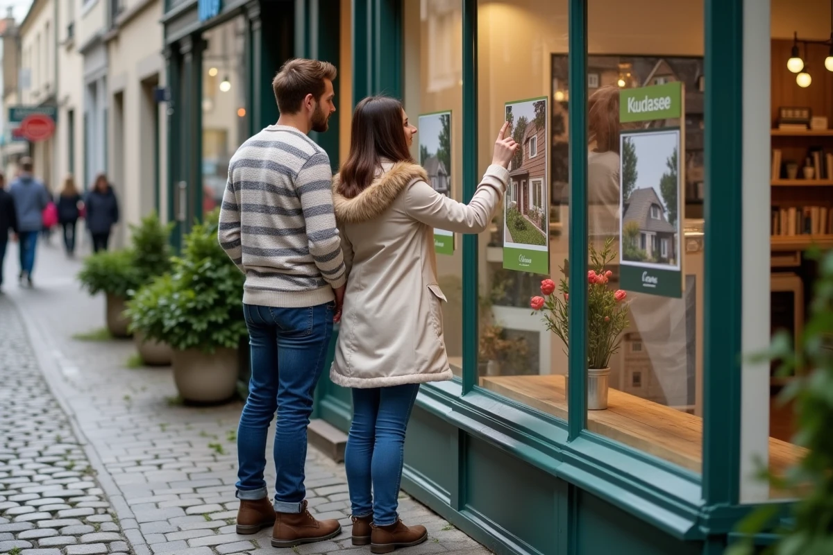 Jeune couple regardant des annonces immobilières en ville
