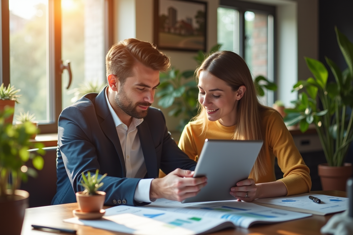 Jeune couple analysant des documents immobiliers dans un bureau