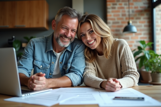 Couple souriant examinant documents immobiliers dans un appartement rénové