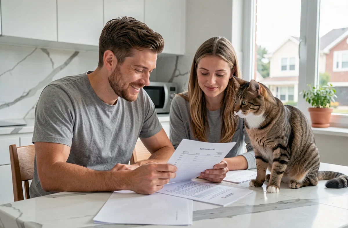 Couple relisant une lettre de motivation pour location avec leur chat posé sur la table dans une cuisine moderne