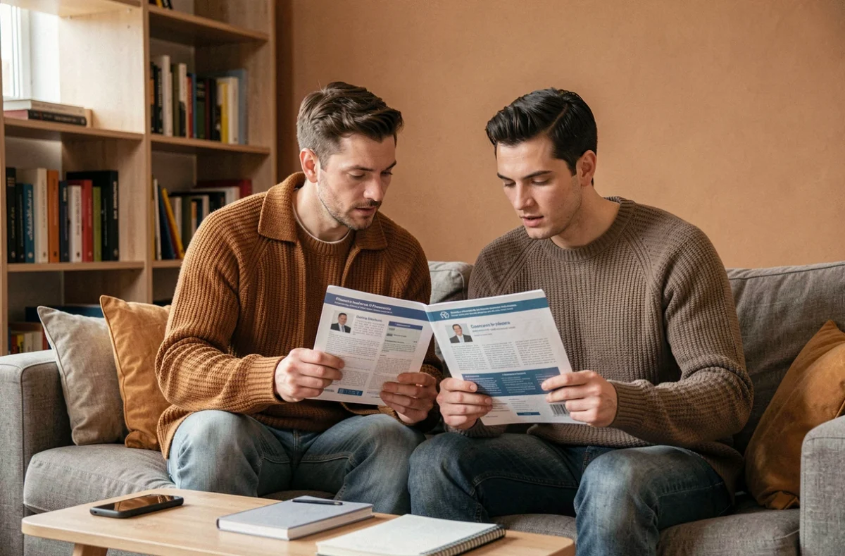 Couple de locataires comparant des offres d'assurance habitation assis sur un canapé dans leur appartement loué
