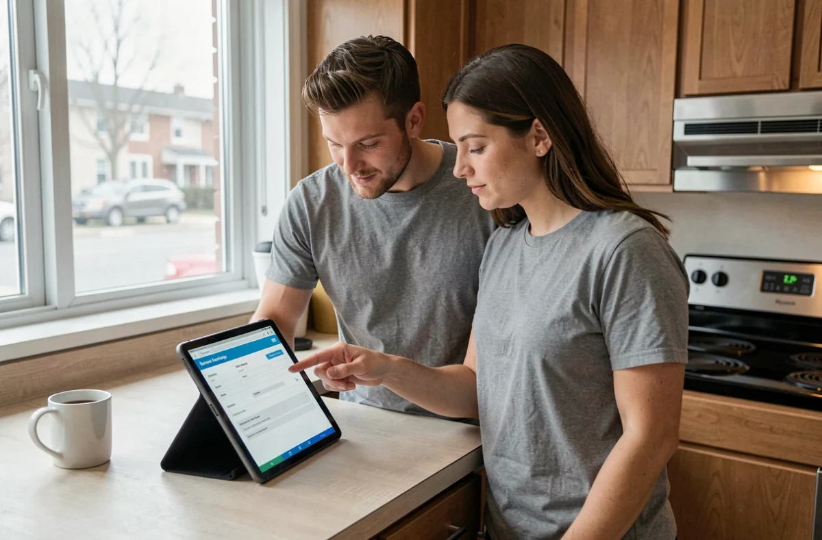 Couple de locataires consultant une offre d'assurance habitation sur une tablette dans leur cuisine d'appartement