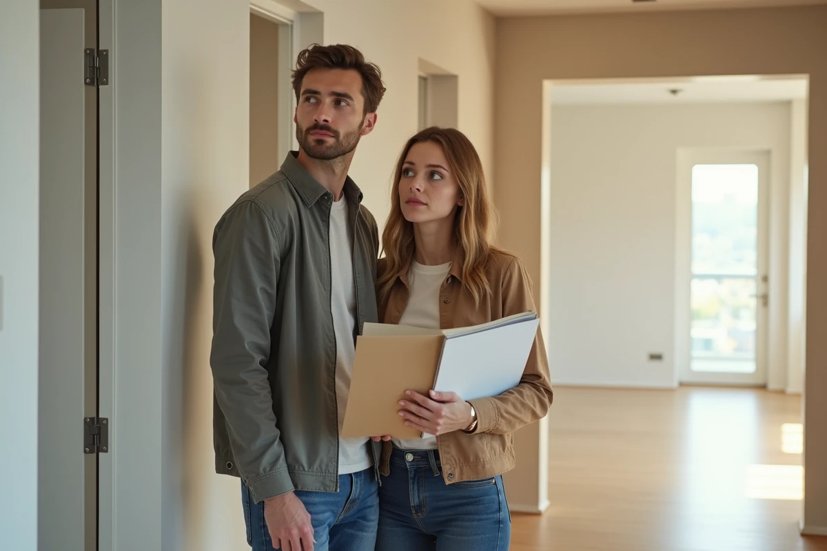 Couple de futurs locataires consultant leur dossier de ressources dans un appartement neuf éligible à la loi Pinel