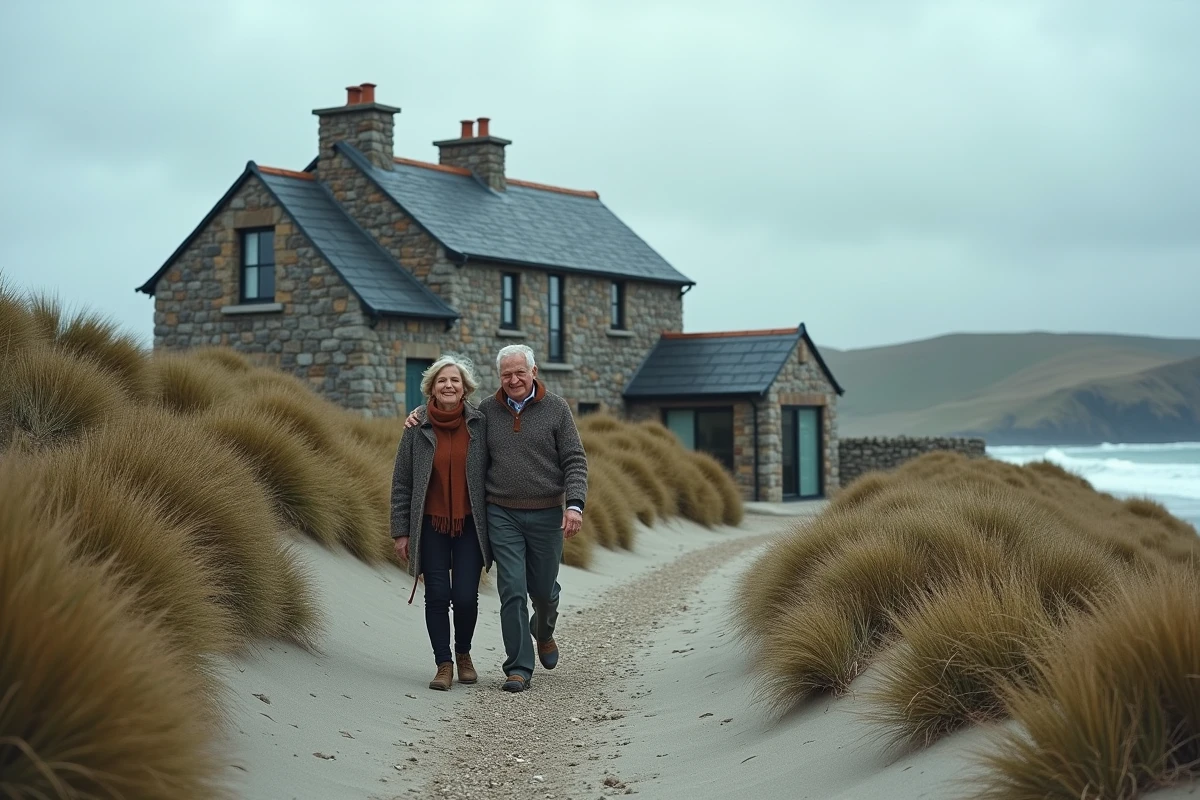 Couple se promenant devant une maison en pierre en bord de mer en automne, évoquant la résidence principale côtière à l'année