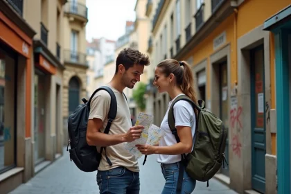 Jeune couple avec sac &agrave; dos sur une rue color&eacute;e de Mille