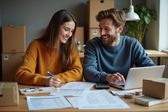 Jeune couple discutant de papiers de déménagement à la maison