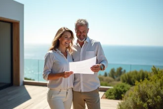 Couple souriant devant maison côtière avec vue océan