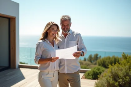 Couple souriant devant maison c&ocirc;ti&egrave;re avec vue oc&eacute;an