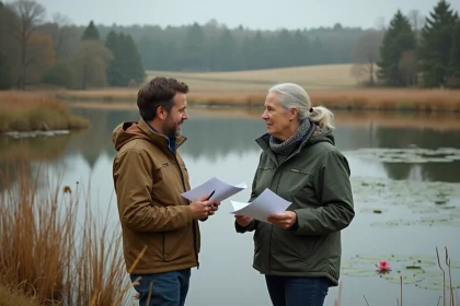 Couple en ext&eacute;rieur pr&egrave;s d'un &eacute;tang avec documents