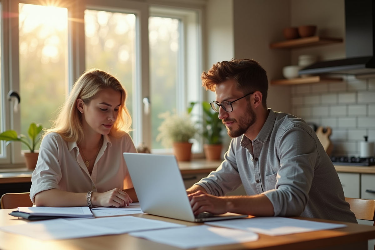 Jeune couple réfléchissant à un achat immobilier dans la cuisine