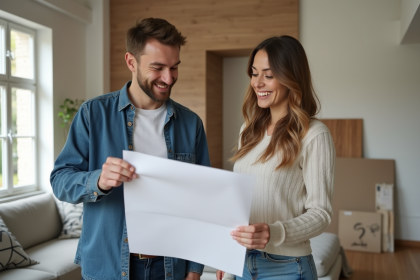 Couple souriant discutant de renovation dans un salon lumineux
