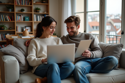 Jeune couple français dans un salon moderne en train de travailler