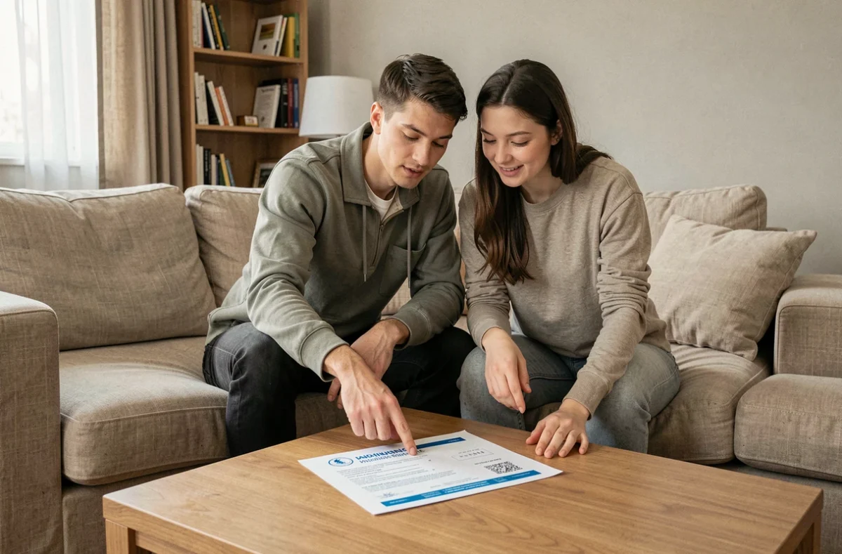 Couple vérifiant leur attestation d'assurance habitation imprimée dans leur salon
