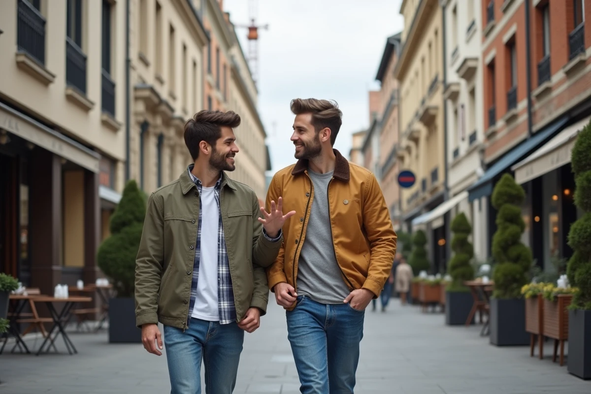Jeune couple se promenant dans rue lyonnaise animée
