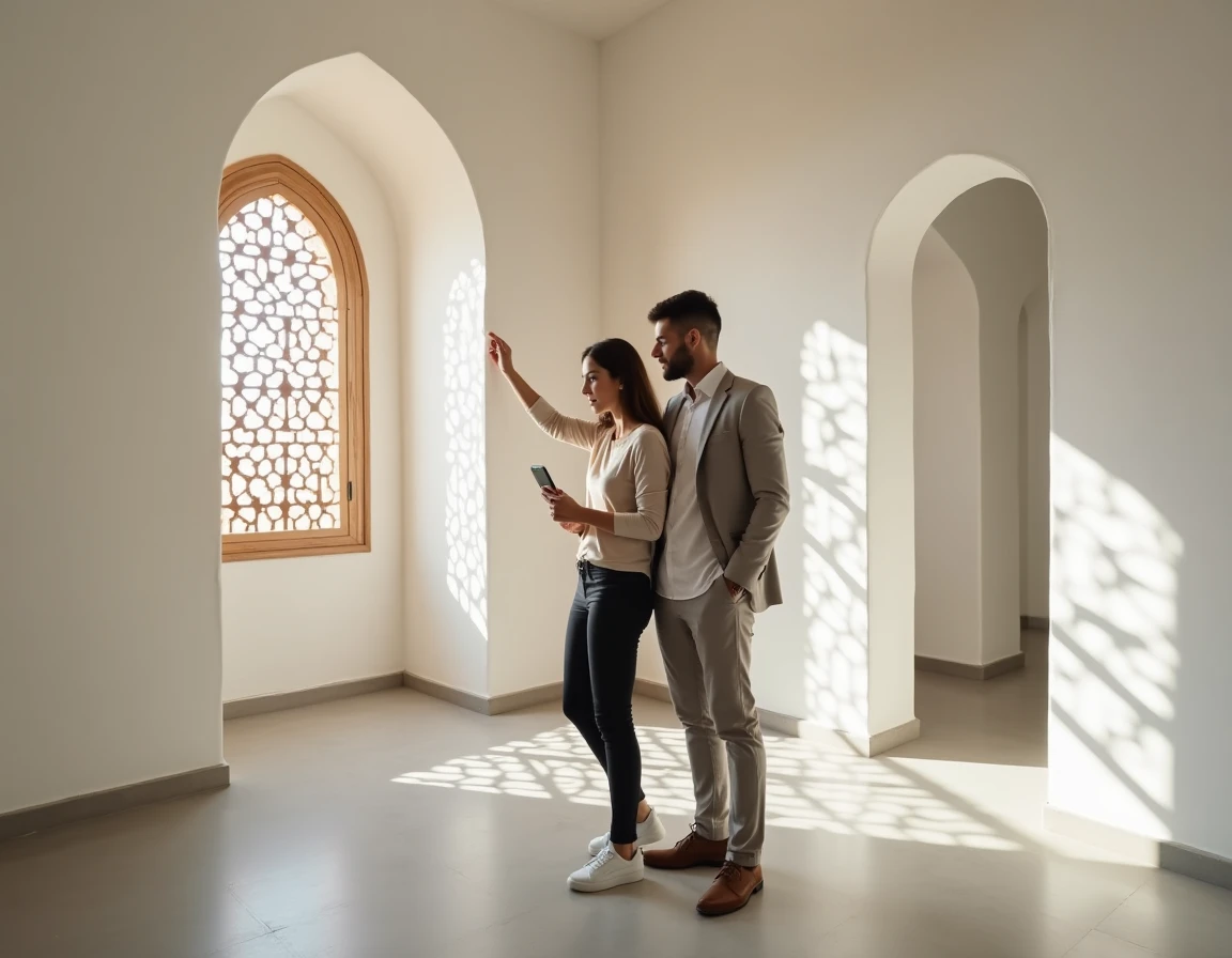 Couple visitant un appartement à vendre à Marrakech avec arches traditionnelles et sol en tadelakt, consultant une application immobilière
