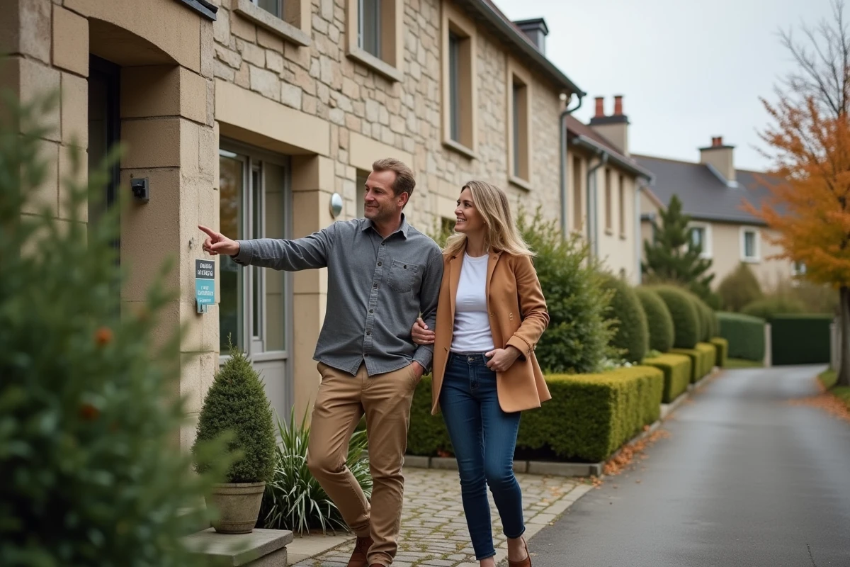 Couple visitant une maison à vendre dans une rue résidentielle française avec panneau immobilier visible