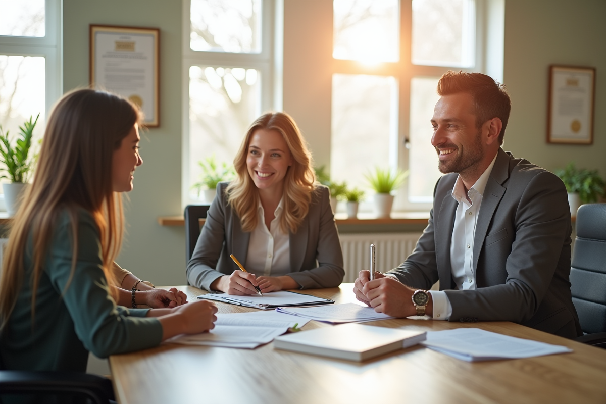 Courtier assurance souriant avec famille dans bureau lumineux