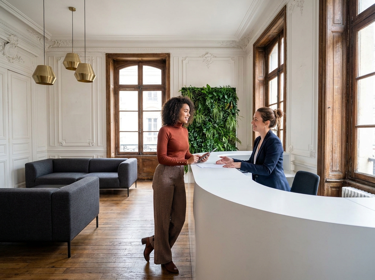 Femme en visite dans un espace de coworking lyonnais installé dans un immeuble haussmannien rénové pour louer un bureau