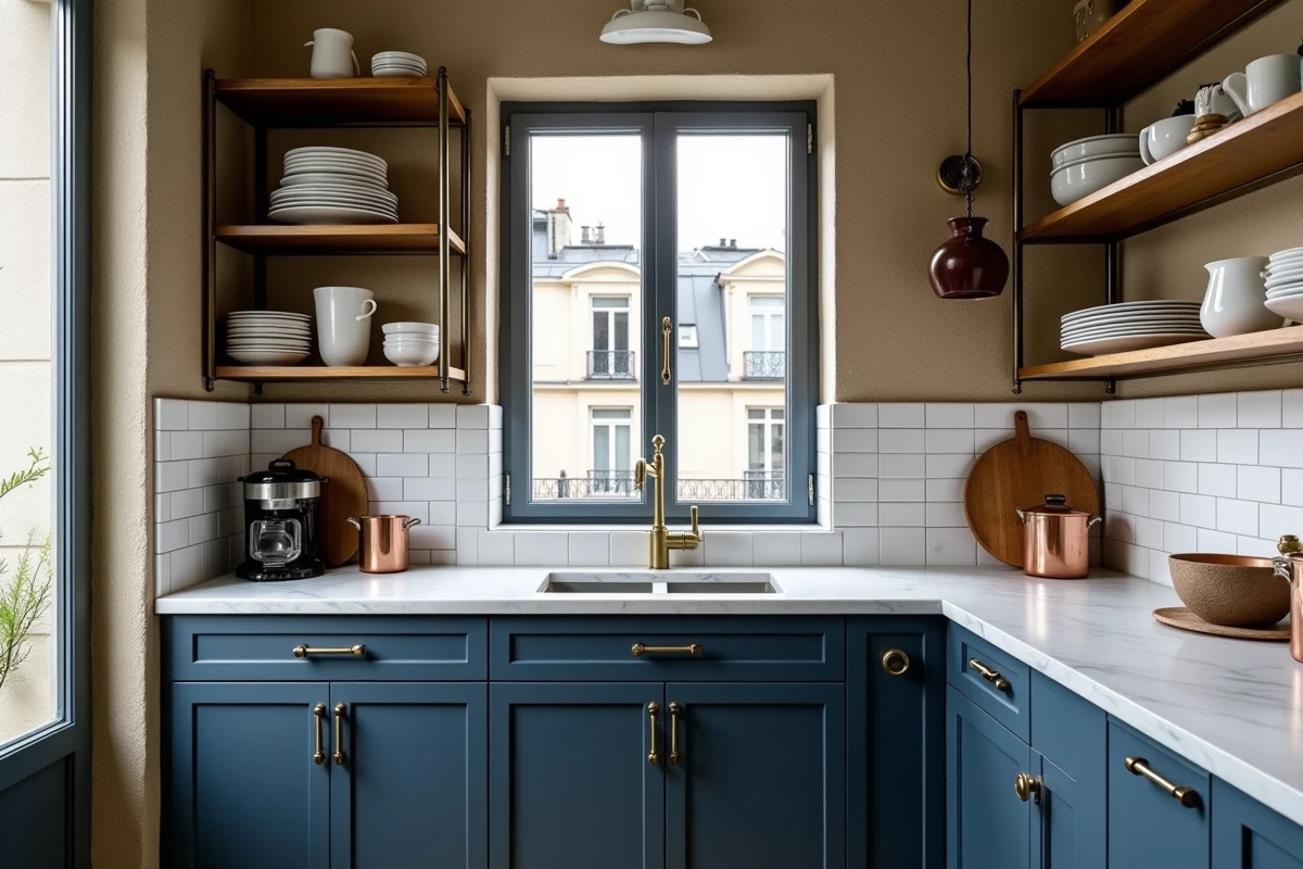 Petite cuisine parisienne de style haussmannien avec mur en pierre apparente, façades bleu marine et plan de travail en marbre de Carrare