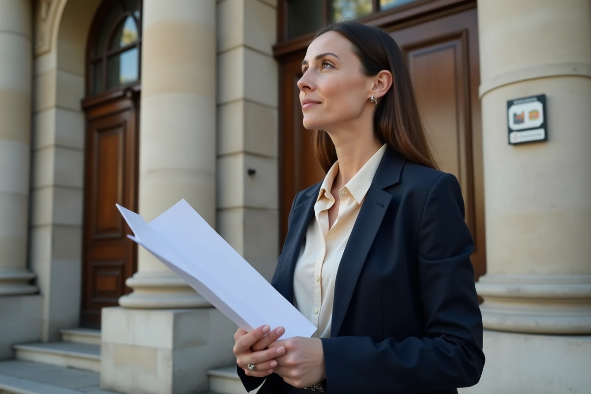 Femme tenant un dossier de permis devant une mairie française pour une demande d'urbanisme