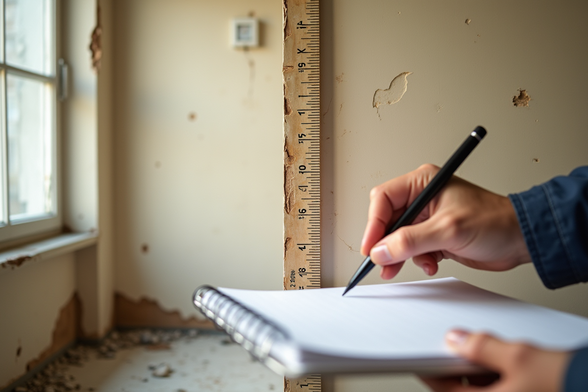 Détail d’un mur de maison endommagé avec règle et carnet