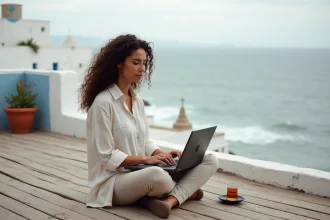 Digital nomade travaillant sur son ordinateur depuis une terrasse en bois avec vue sur l'océan Atlantique à Essaouira, Maroc