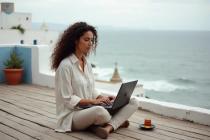 Digital nomade travaillant sur son ordinateur depuis une terrasse en bois avec vue sur l'océan Atlantique à Essaouira, Maroc