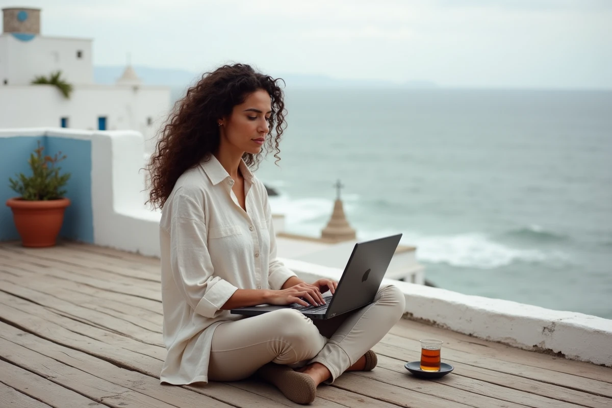 Digital nomade travaillant sur son ordinateur depuis une terrasse en bois avec vue sur l'océan Atlantique à Essaouira, Maroc