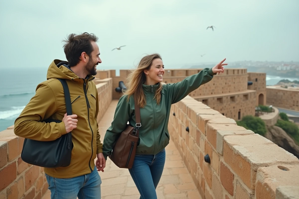 Deux digital nomads se promenant sur les remparts historiques d'Essaouira avec l'océan Atlantique en arrière-plan