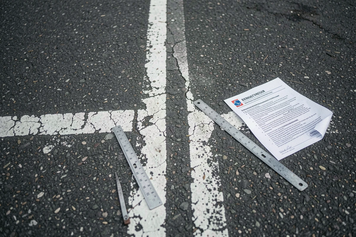 Vue aérienne rapprochée d'un marquage au sol défectueux sur parking résidentiel avec mètre pliant et document réglementaire