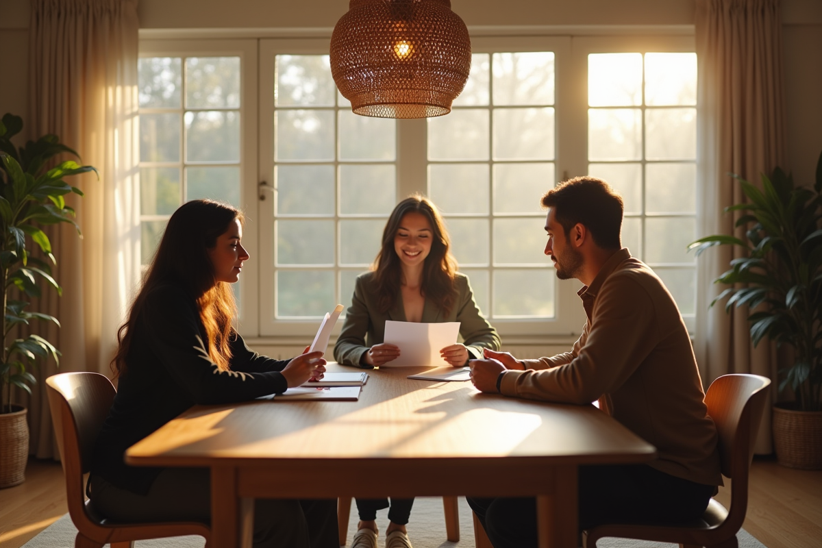 Trois personnes discutant autour d'une table dans un salon lumineux