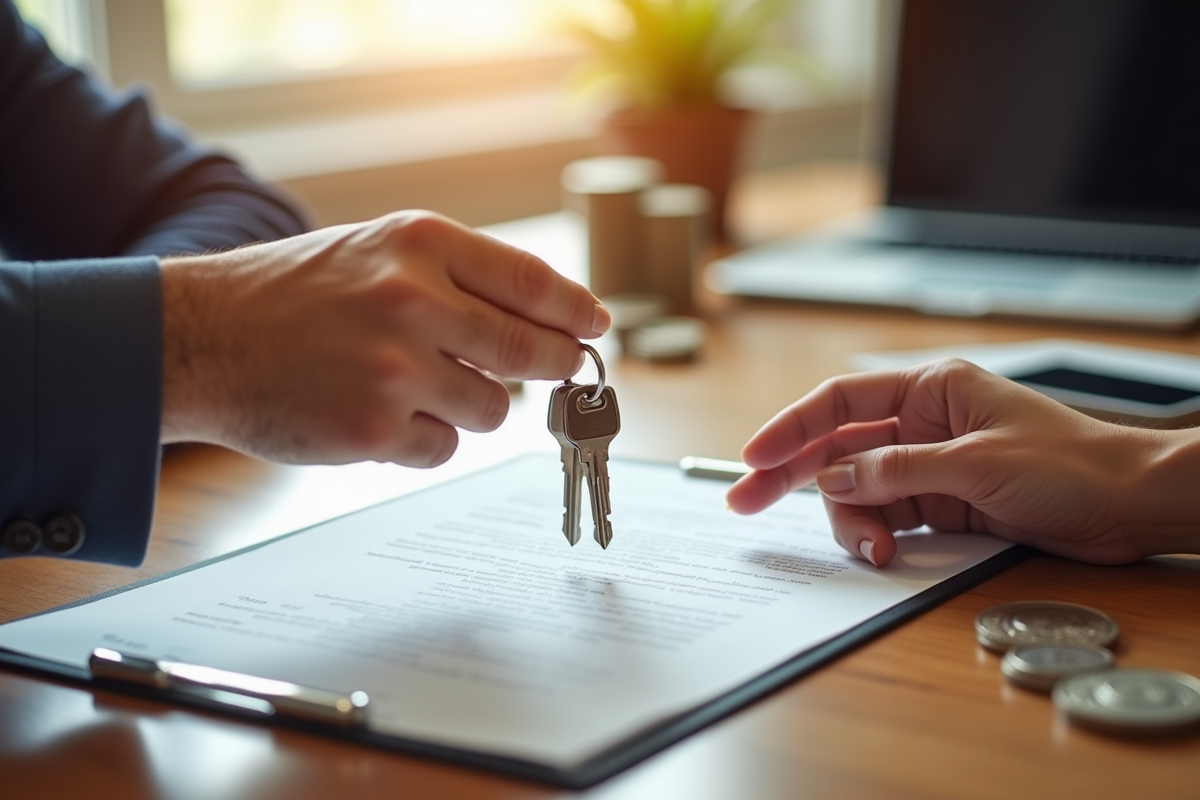 Main échangeant des clés d appartement et contrat sur une table en bois