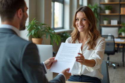Femme d affaires échangeant un document avec un responsable RH dans un bureau moderne