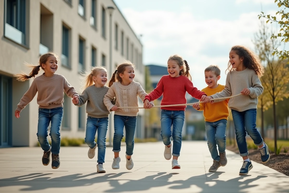 Enfants jouant dans la cour d une &eacute;cole en &Icirc;le de France