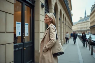 Femme consultant les avis affichés à l'entrée d'un bâtiment administratif parisien au 121 rue Manin dans le 19e arrondissement