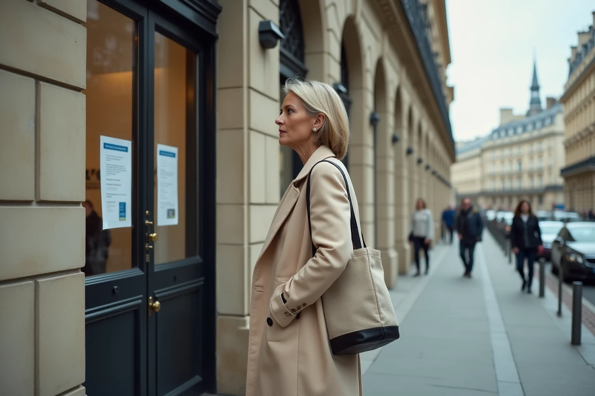 Femme consultant les avis affichés à l'entrée d'un bâtiment administratif parisien au 121 rue Manin dans le 19e arrondissement