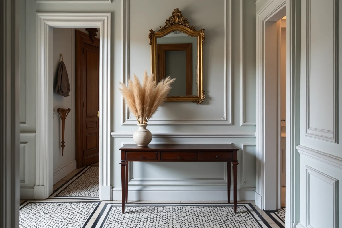 Entrée étroite de style haussmannien avec carrelage tomettes noir et blanc, console en acajou et miroir biseauté doré dans un appartement parisien