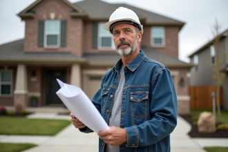 Hommes de chantier avec plans devant maison neuve