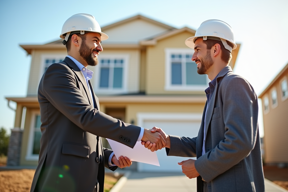 Entrepreneur en construction serre la main d'un propriétaire devant une maison