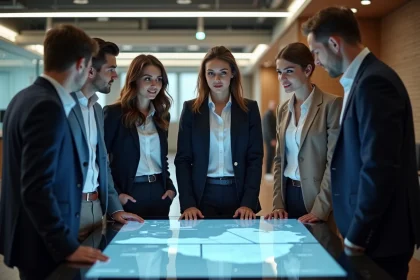 Groupe de professionnels autour d'un &eacute;cran digital moderne