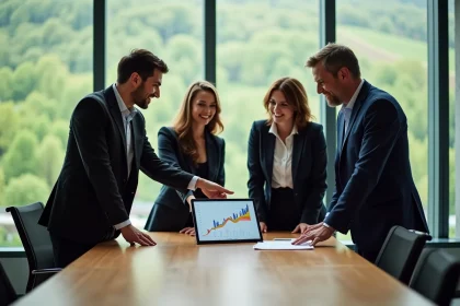 Groupe de professionnels en r&eacute;union dans un bureau moderne