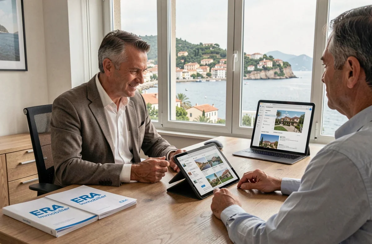 Agent ERA Immobilier Corse consultant des annonces sur tablette avec un client en agence