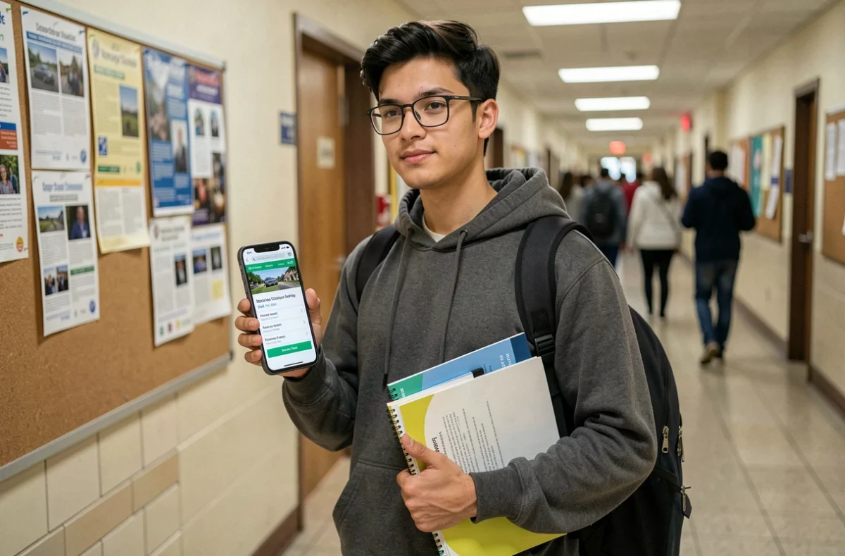 Étudiant consultant un devis d'assurance habitation sur son smartphone dans un couloir universitaire