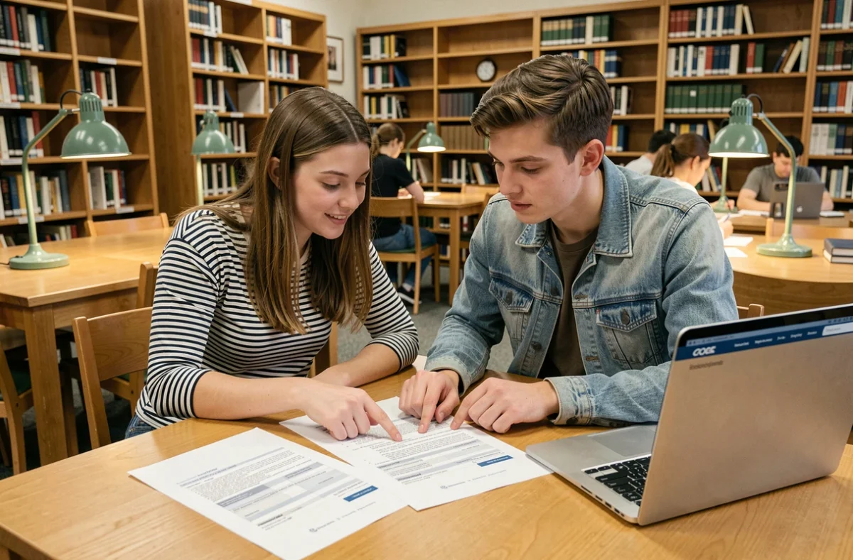 Deux étudiants étudiant les documents d'une assurance habitation multirisque à la bibliothèque universitaire