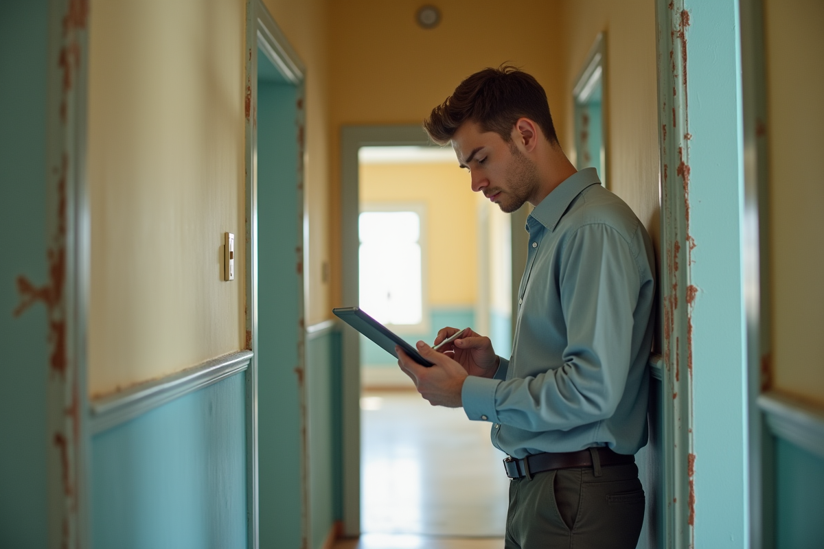 Jeune homme examinant la peinture écaillée dans un couloir
