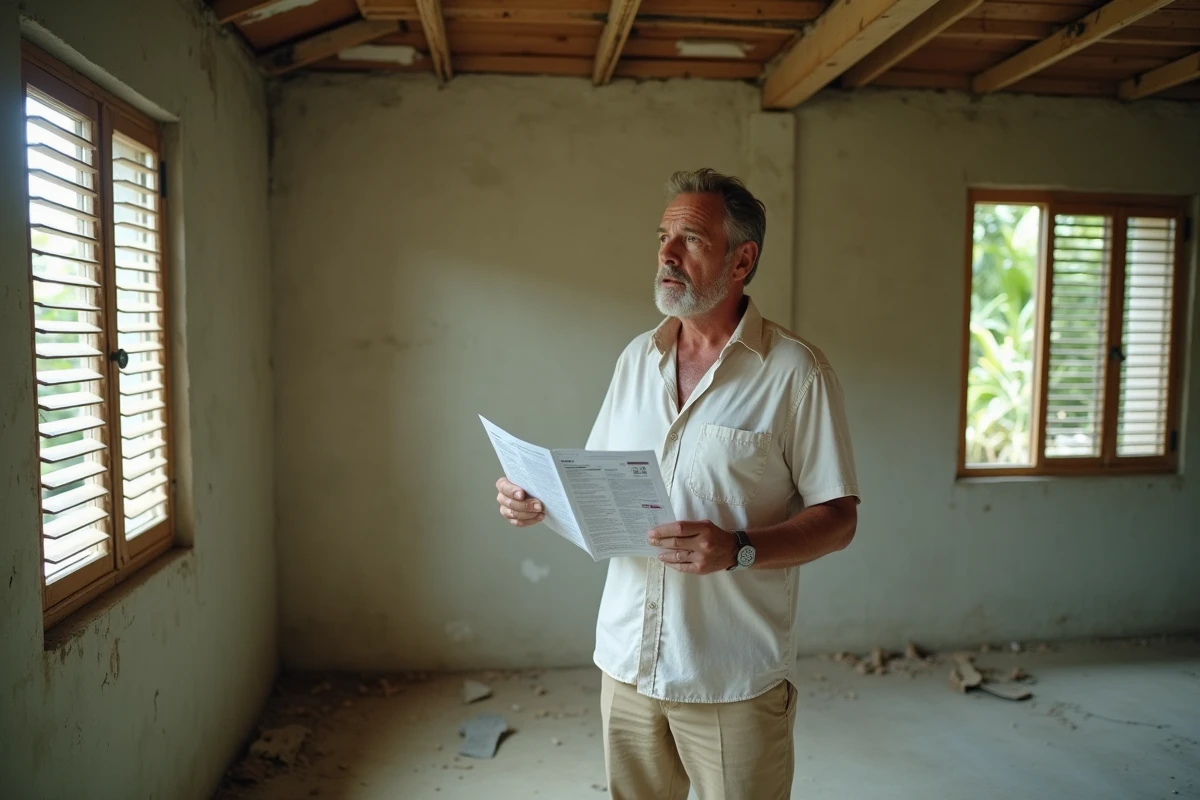 Expatrié européen inspectant l'intérieur d'une maison à rénover en Thaïlande avec une annonce immobilière à la main