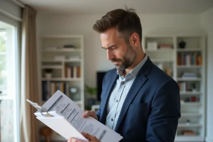 Expert immobilier local vérifiant une estimation de bien résidentiel dans un appartement moderne