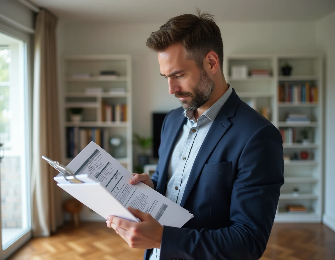 Expert immobilier local vérifiant une estimation de bien résidentiel dans un appartement moderne
