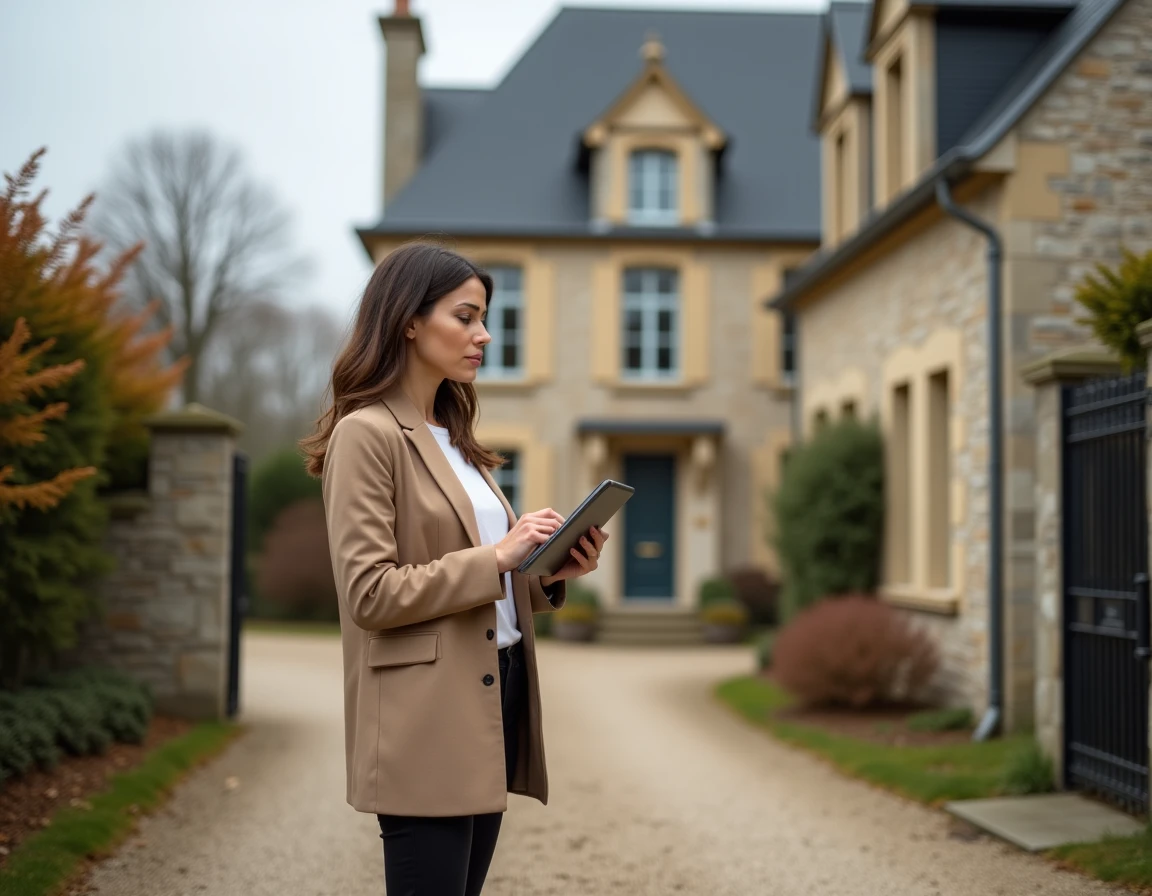 Experte immobilière évaluant la façade d'une maison de ville française pour une estimation précise