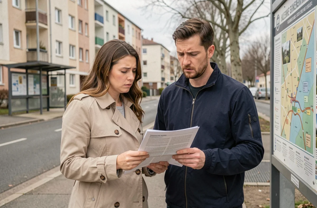 Couple de parents consultant un plan de quartier à Maisons-Alfort pour évaluer la sécurité du secteur avant emménagement
